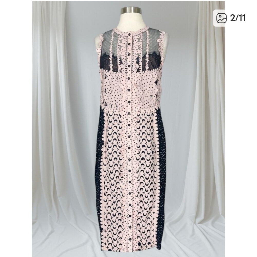 Byron Lars Beguile Navy Pink Laser Cut Sheath Dress – Size 6, Elegant Lace